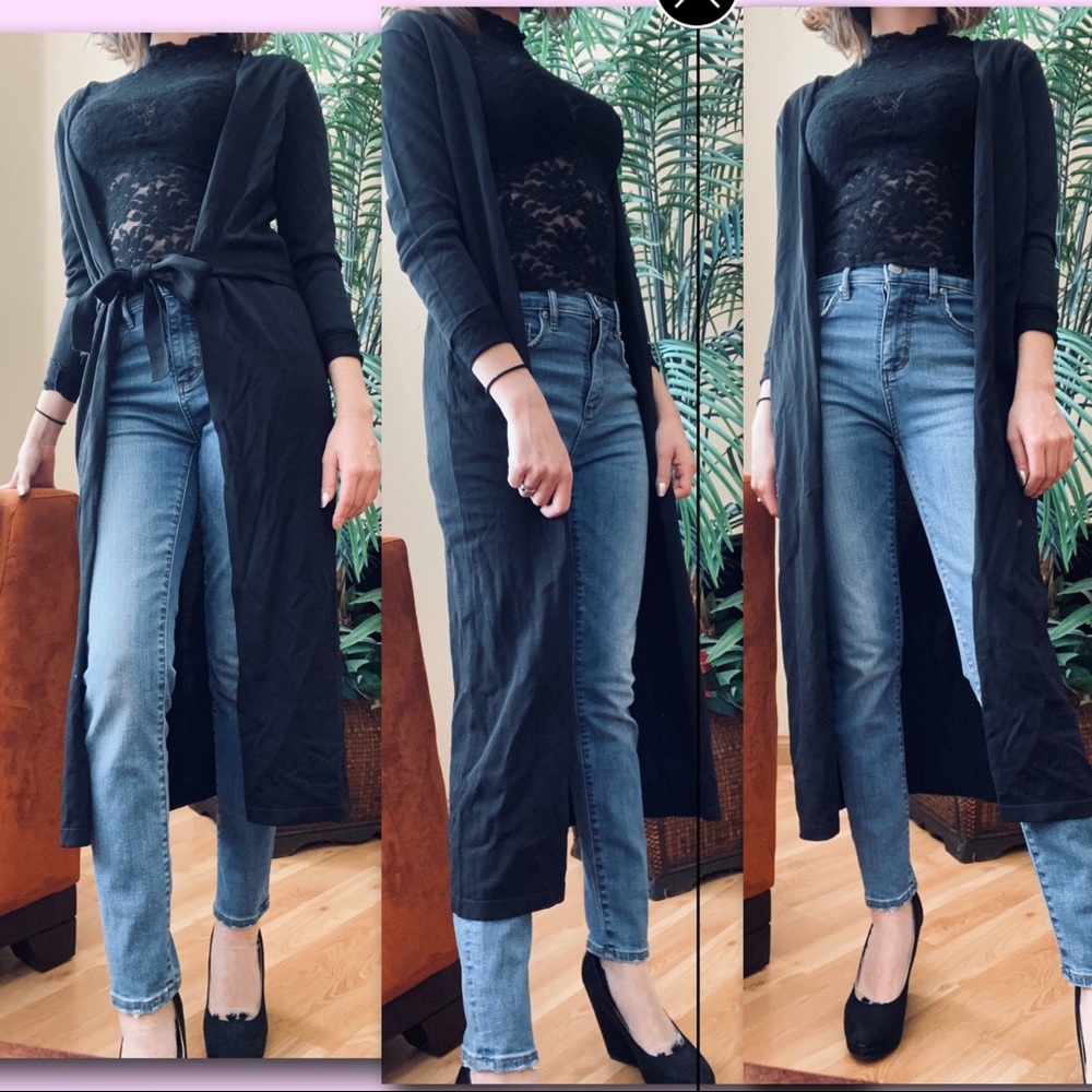 Black sheer open front trench cardigan